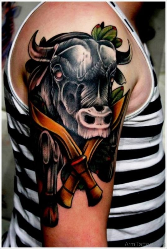 Bull And Cross Dager Tattoo On Shoulder 
