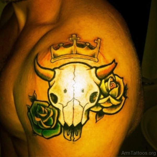 Bull Skull With Roses On Shoulder 
