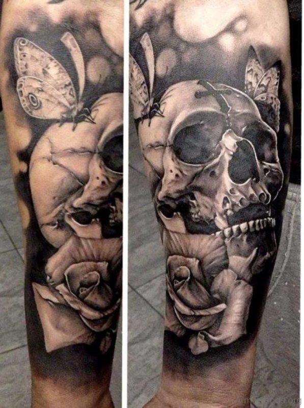 Butterfly And Skull Tattoo On Arm