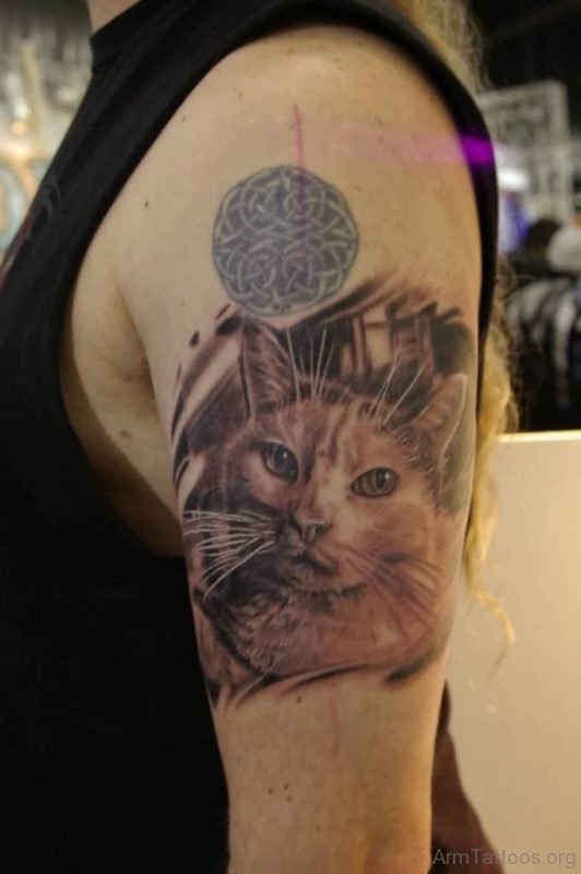 Celtic Circle And Cat Portrait Tattoos On Arm