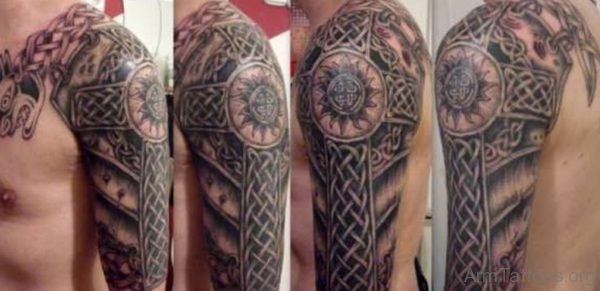 Celtic Cross Tattoo On Half Sleeve 