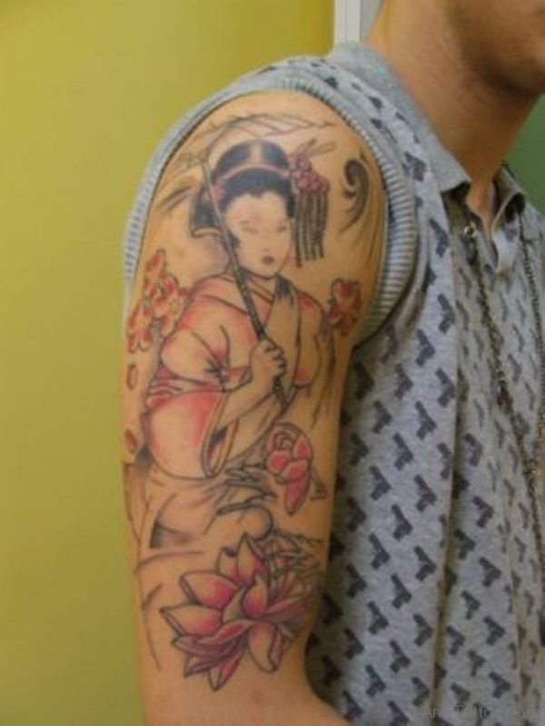 Chinese Girl Portrait Tattoo On Half Sleeve 