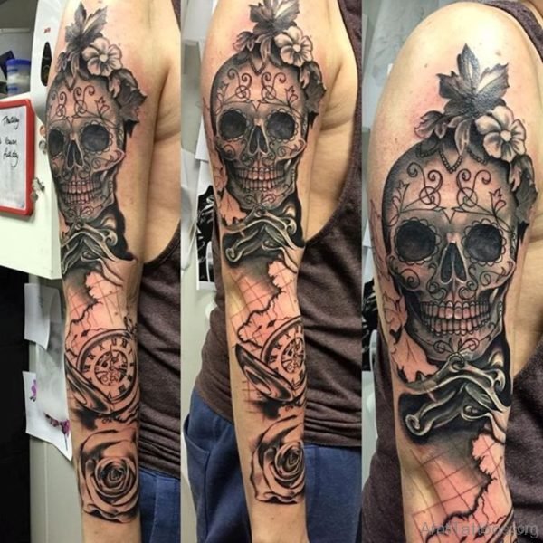 Classic Skull Tattoo On Full Sleeve Image 