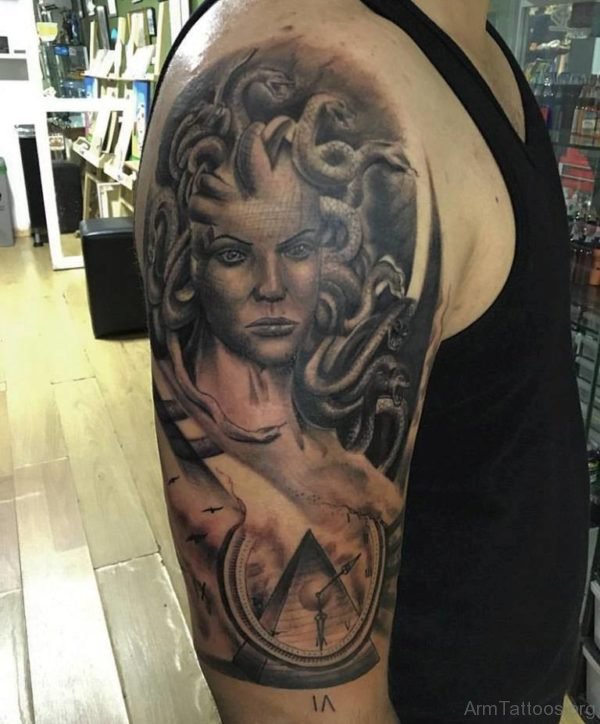 Clock And Black Medusa Tattoo Design