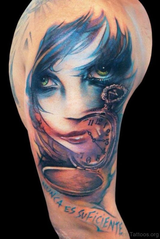 Clock And Girl Portrait Tattoo On Bicep 