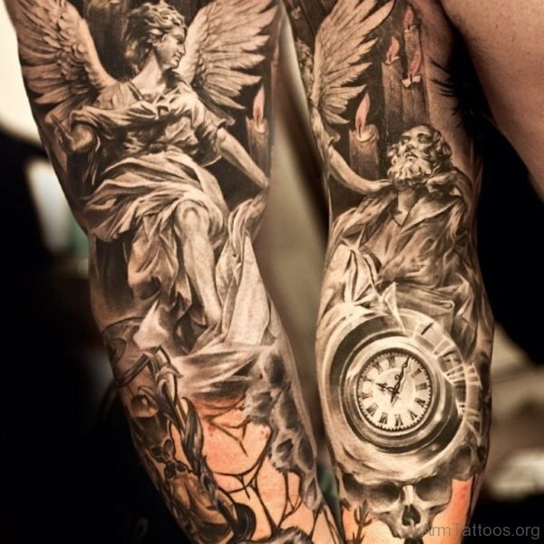 Clock And Guardian Angel Tattoo