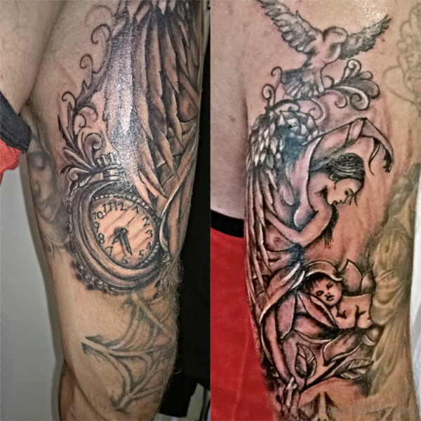 Clock And Guardian Angel Tattoo Design