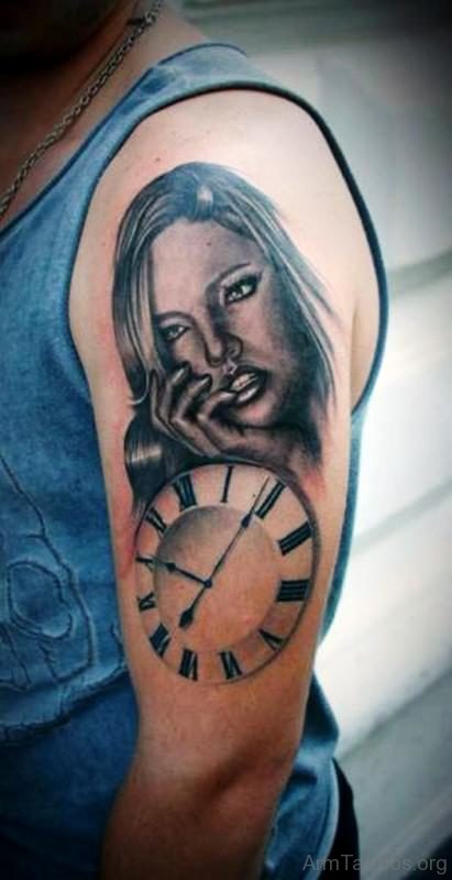 Clock And Lady Tattoo On Arm 