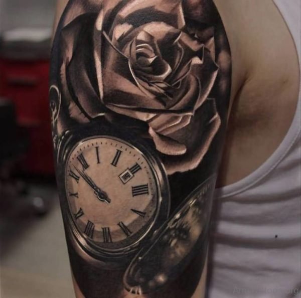 Clock And Rose Tattoo