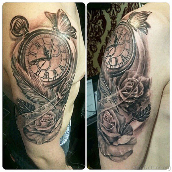Clock And Roses Tattoo Design On Arm 