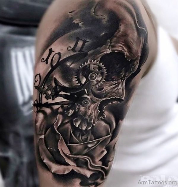 Clock And Skull Tattoo On Arm 