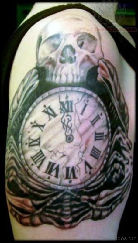 Clock And Skull Tattoo Design 