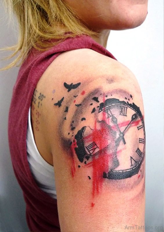 Clock Tattoo On Right Arm 