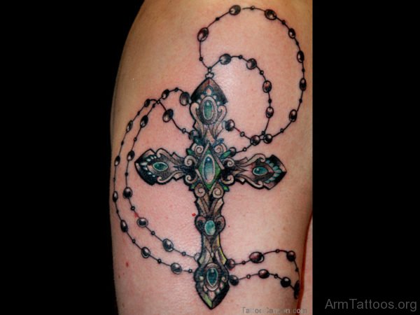 Color Big Cross Rosary Tattoo On Half Sleeve