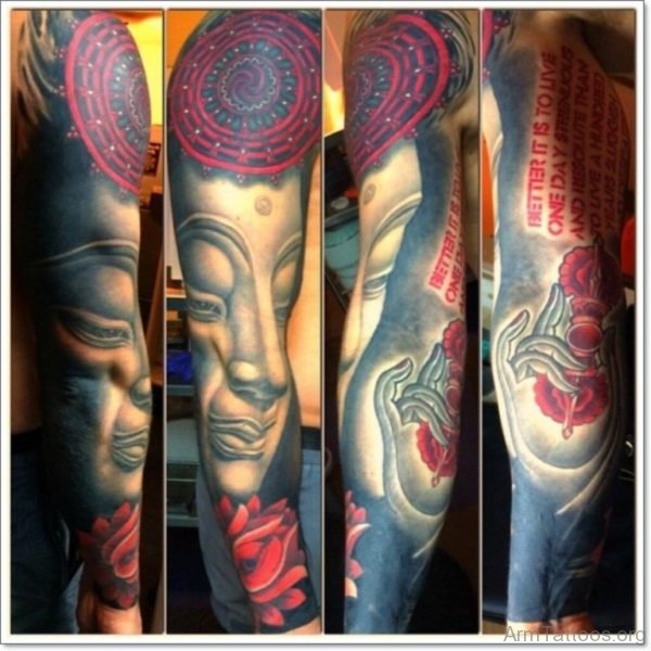 Colored Buddha Tattoo On Full Sleeve