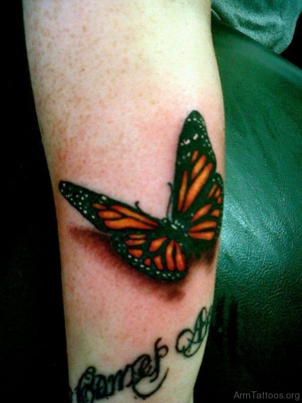 Colored Butterflies Tattoo On Left Arm