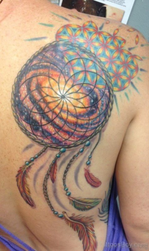 Colored Dreamcatcher Tattoo On Back Shoulder