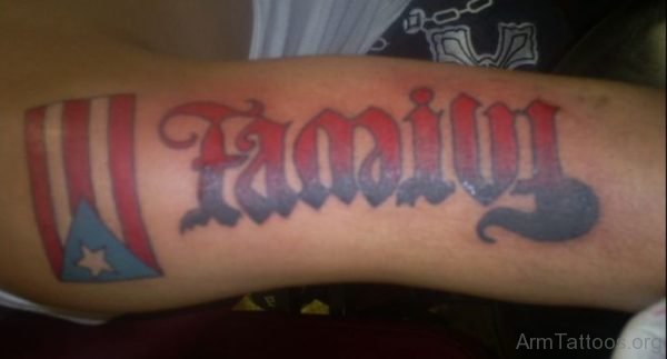 Colored Family Ambigram Tattoo On Arm