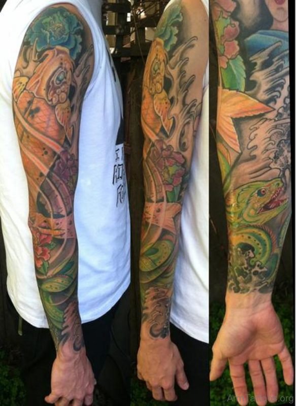 Colored Fish Tattoo On Full Sleeve