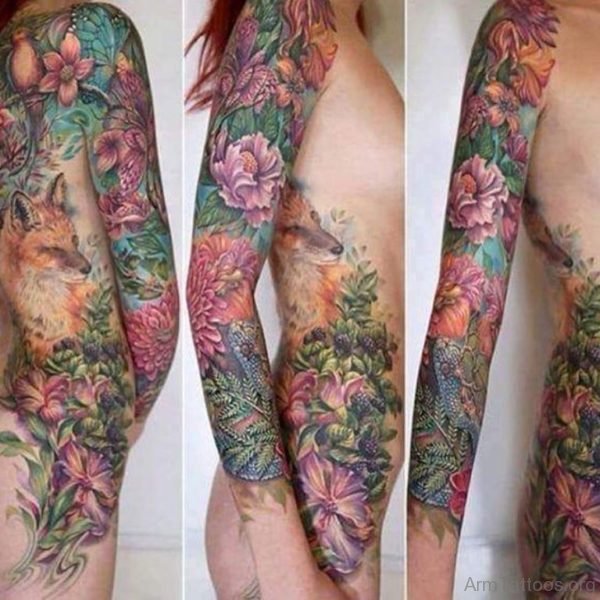 Colored Flowers Tattoo On Full Sleeve