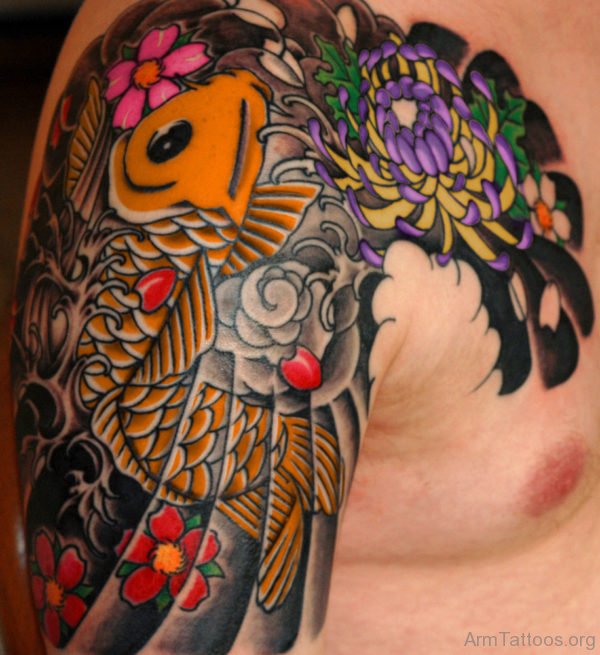 Colored Koi fish Tattoo On Chest 