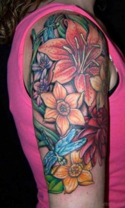 Colored Lily Tattoo On Half Sleeve