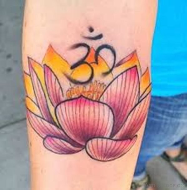Colored Lotus And Om Tattoo