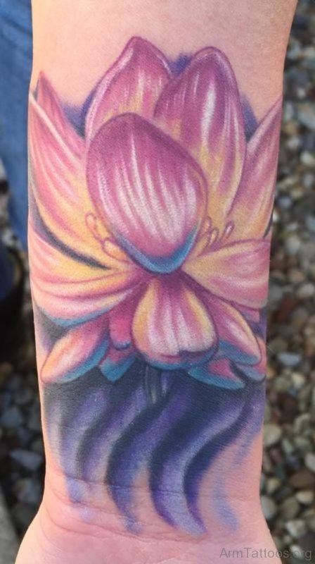 Colored Lotus Tattoo On Wrist 