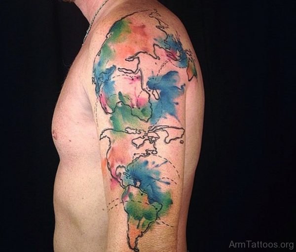 Colored Map Tattoo On Shoulder