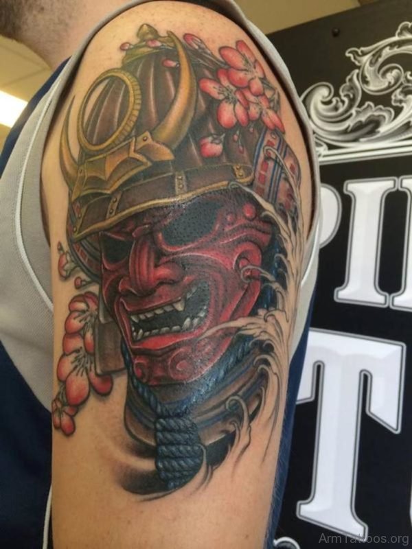 Colored Samurai Tattoo On Left Shoulder For Men