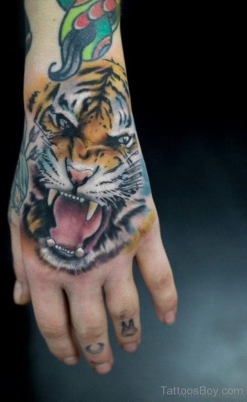Colored Tiger Tattoo On Hand