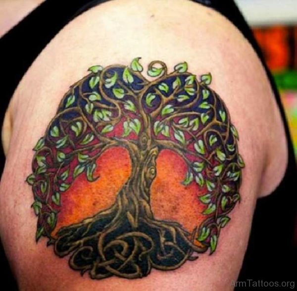 Colored Tree Tattoo On Shoulder