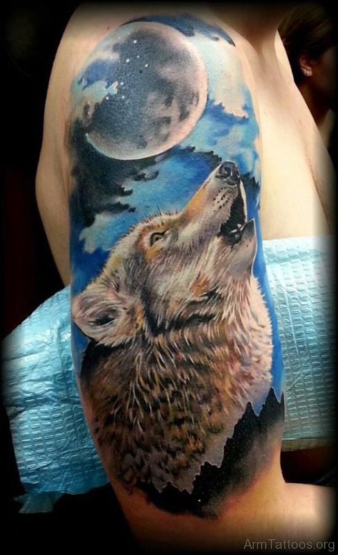 Colored Wolf Tattoo On Shoulder