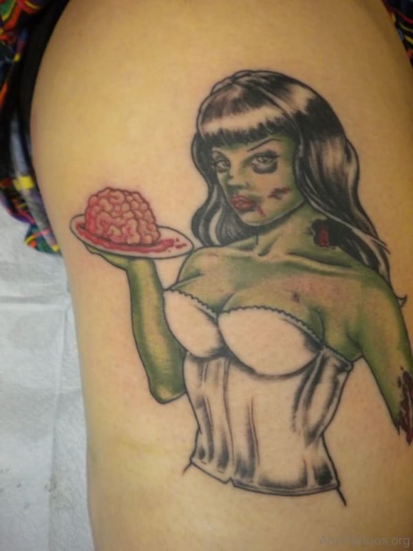 Colored Zombie Tattoo On Left Arm 