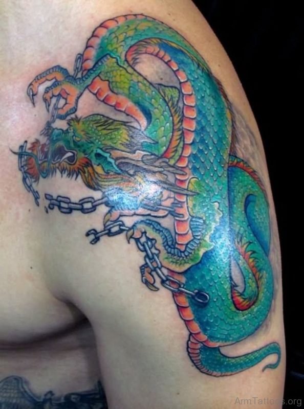 Colorful 3D Dragon Tattoo On Left Arm