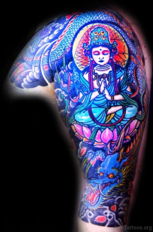 Colorful Buddha Tattoo Design On Sleeve 