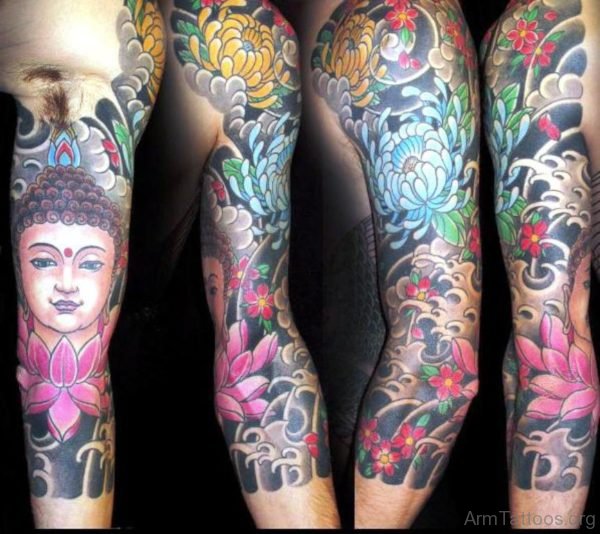 Colorful Buddha Tattoo With Flowers 