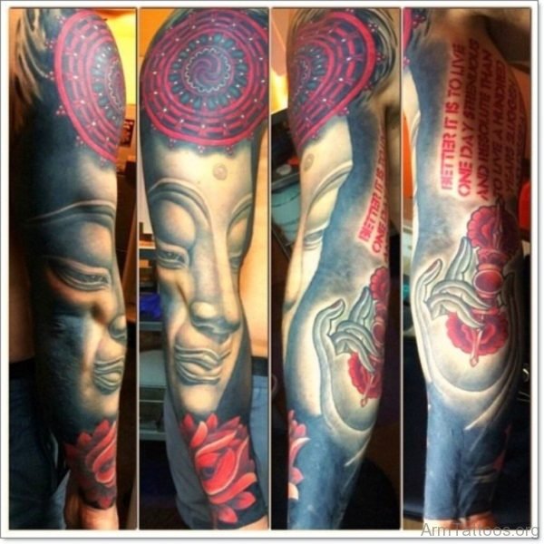 Colorful Buddha With Lotus Flower Design On Arm 