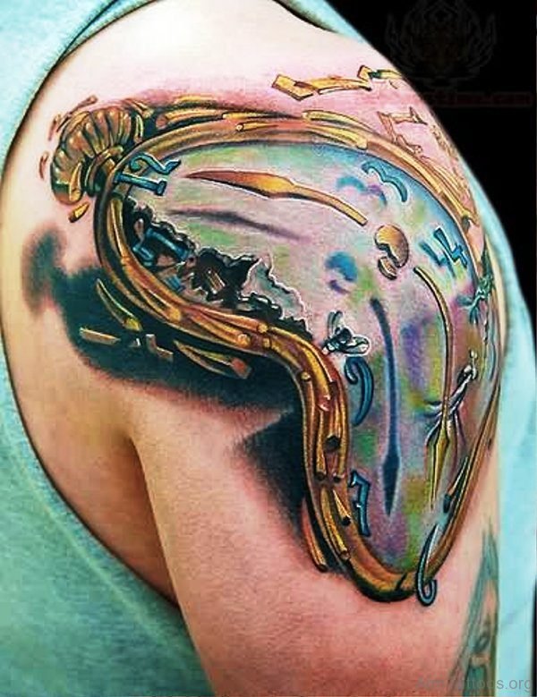 Colorful Clock Tattoo Design On Arm 