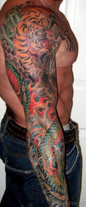 Colorful Dragon With Tiger Tattoo