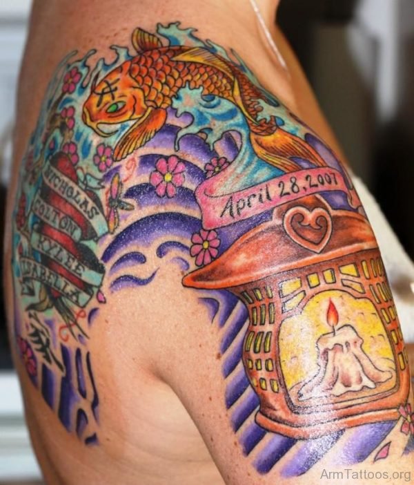 Colorful Fish Tattoo On Shoulder 