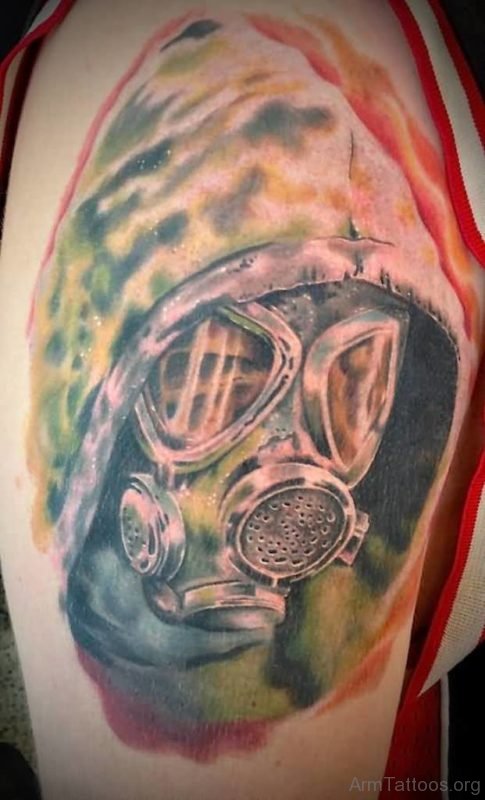 Colorful Gas Mask Tattoo On Arm 