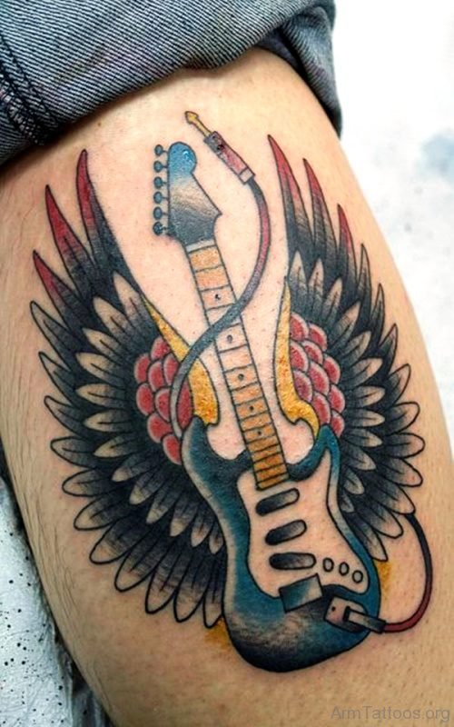 Colorful Guitar Tattoo On Arm 