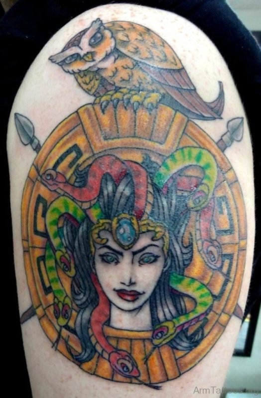 Colorful Medusa And Owl Tattoo On Shoulder