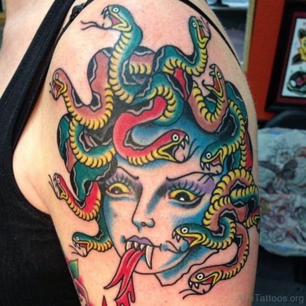 Colorful Medusa Tattoo On Arm 