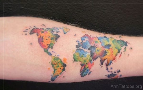 Cool Colorful World Map Tattoo On Forearm