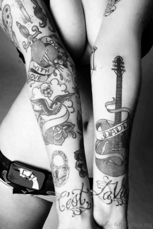 Cool Forearm Guitar Tattoo For Women 