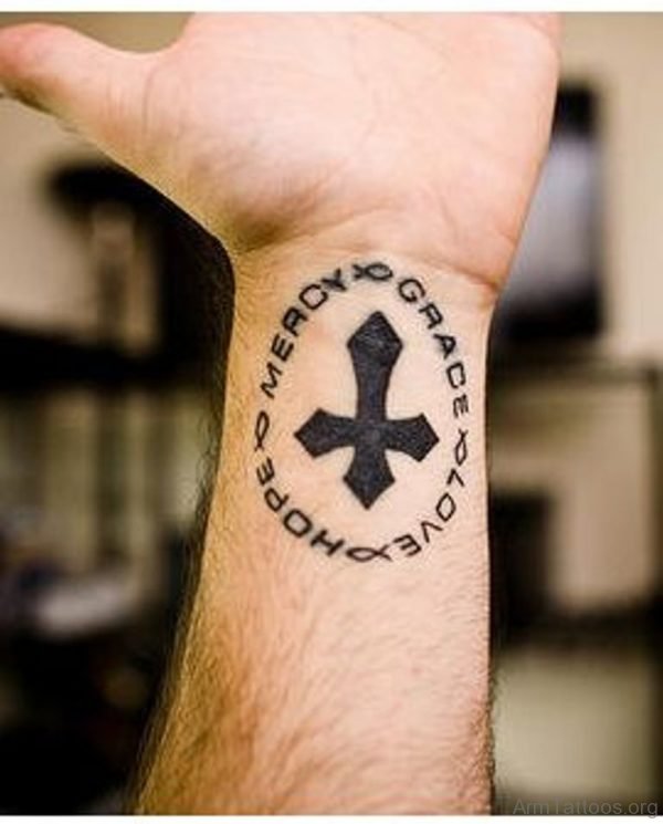 Cross And Wording Tattoo