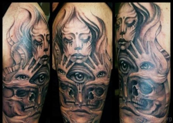 Crying Grey Ink Medusa Tattoo For Arm 
