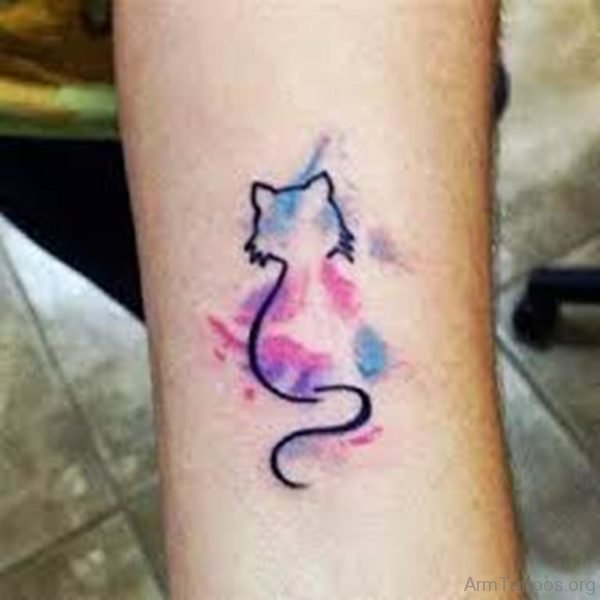 Cute Watercolor Cat Tattoo On Arm